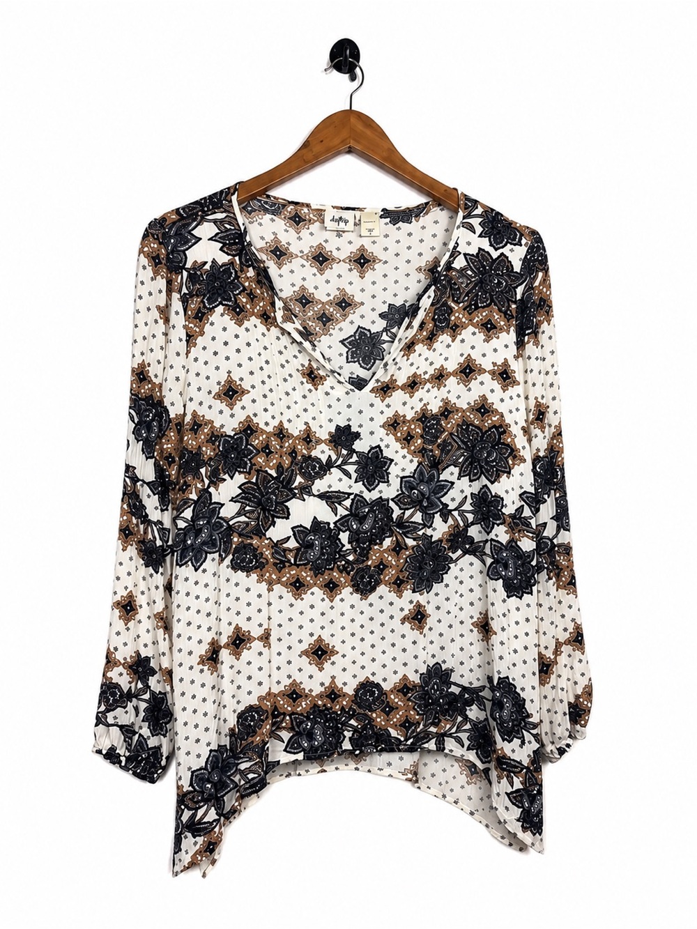 Daytrip Floral Medallion Print Long Sleeve V Neck Tunic Top Size Large